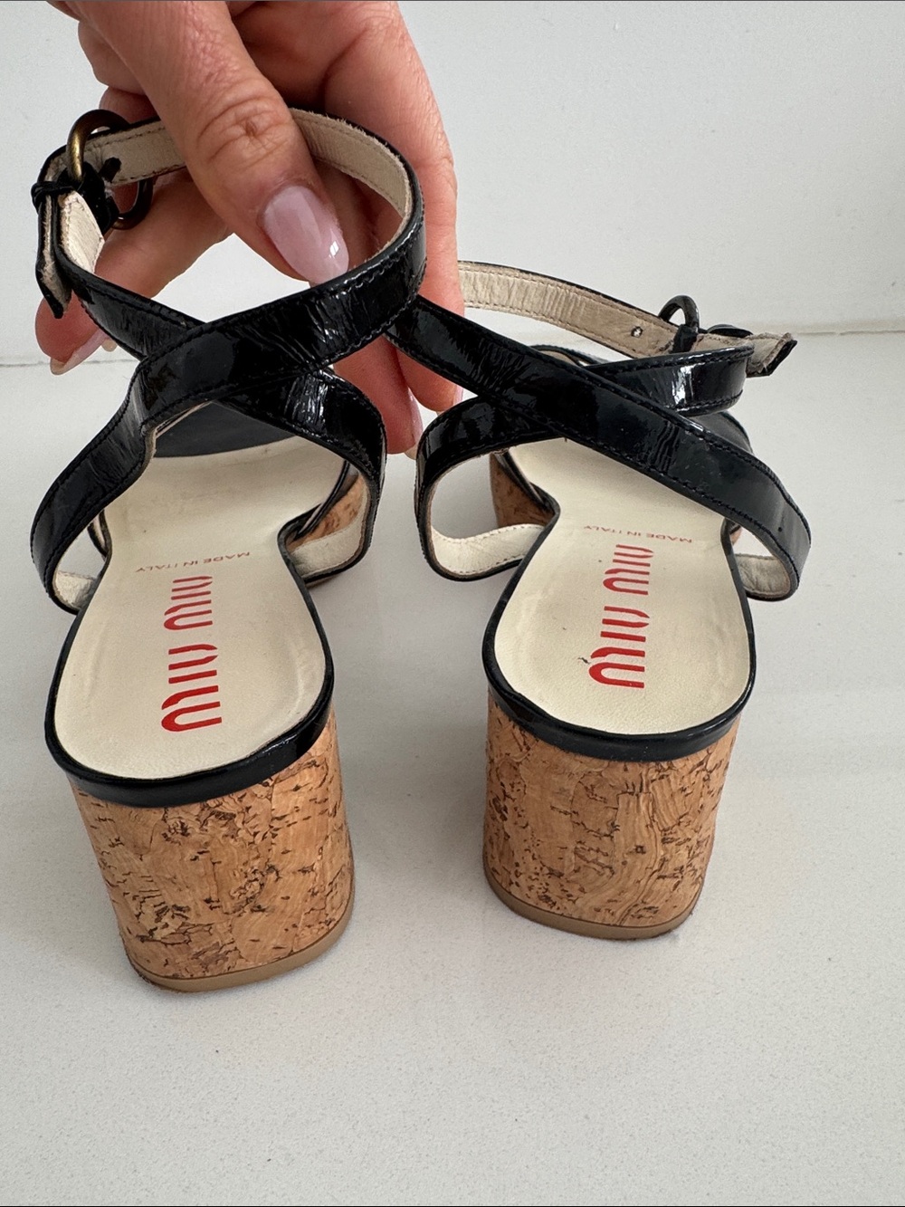 Miu Miu Black Patent Leather Cork Block Heel Sandals - Picture 5 of 7